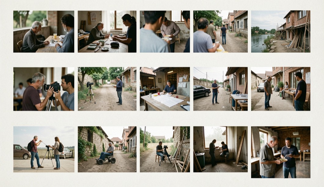 Pilihan foto disusun di meja untuk membangun urutan cerita visual